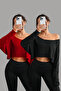 Red - Black 2-Piece Women's Off-Shoulder Boat Neck Oversized Long Sleeve Crop T-Shirt