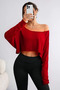 Red - Black 2-Piece Women's Off-Shoulder Boat Neck Oversized Long Sleeve Crop T-Shirt - 2