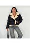 Women's Black Shirt Collar Short Coat with Fur Inside