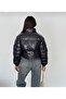 Women Shiny Black Mock Neck Zipper Short Puffer Coat - 3