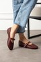 Masvi Women's Ballet Flats with Front Strap Buckle Knitted Woven Burgundy Leather - 2