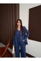 Women's Navy Blue Striped Oversized Jacket Vest Pants Suit