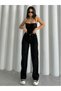 Black Women's High Waist Zippered Wideleg, Women's L Stretch Fabric Loose, Palazzo Jean, Black Denim Pants*1 - 2