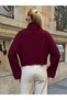 Turtleneck Corded Fabric Knitwear Oversized Sleeve Curled Detailed Burgundy Colored Crop Sweater - 3