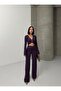 V-Neck Gold Accessory Belly-Baring Long Sleeve Top High Waist Gathered Trousers Wool Viscose Set - 2