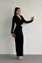 Women's Black Shoulder Pad Look Belted Draped Long Dress - 5