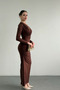 Women's Brown Shoulder Pad-Look Belted Draped Long Dress - 4