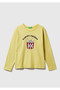 Girl's Mustard Front Printed Ribbed Collar Relaxed Fit Long Sleeve T-Shirt