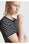 Women's Navy Blue 100% Cotton Left Six Logo Striped Round Neck T-Shirt - 6