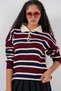 Women's Striped Polo Neck Knit Sweater 15952 - Burgundy