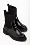 Women's Black Shiny Patent Leather Rubber Ankle Detailed Boots
