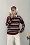 Women's Polo Neck 3 Button Navy Blue White Striped Burgundy Sweater - 3
