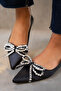 Lusive Black Satin Women's Stone Bow Ballerina Flats