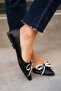 Lusive Black Satin Women's Stone Bow Ballerina Flats - 3