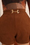 Brown Suede Buckle Belt Detailed Mini Shorts - 5