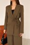 Khaki Tie-Front Blazer with Pocket Detail and High Waist Pants Two-Piece Set - 2