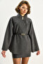 Women's Anthracite Gold Button Detailed Stand Collar Belted Poncho 60282033