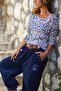 Italian Navy Blue-White Boat Neck Ethnic Pattern Soft Textured Loose Blouse 60 50 - 3