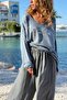 Italian Indigo V-Neck Textured Leaf Ba Printed Roomy Sweater 70 50 - 4
