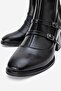 Simple Double Buckle Blunt Toe Heeled Boots Black Leather - 3