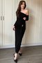 Stylish Midi Black Dress with Off-Shoulder Side Gather Detail and Accessory Detail - 7