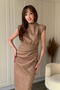 Suede Shoulder Pad Piece Front Slit Beige Midi Dress - 2