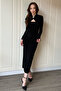 Draped Midi Black Dress with Neck Accessory and Low-Cut Chest - 3