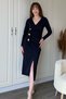 Stylish Midi Navy Blue Dress with Slit V-Neck on the Front and Gold Accessory Detail - 6
