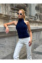 Women's Navy Blue Fisherman Halter Neck Backless Soft Textured Knit Bustier Blouse - 2