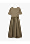 U Neck Short Sleeve Belt Detail A-Line Long Dress - 4