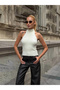 Women's White Fisherman Halter Neck Backless Soft Textured Knit Bustier Blouse - 5