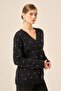 Women's Pearl Detailed Diamond Patterned V-Neck Sweater Black 25057 - 3