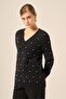 Women's Pearl Detailed Diamond Patterned V-Neck Sweater Black 25057 - 2