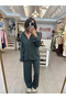 Women's Emerald Buttoned Shirt and Wide-Leg Pants with Elastic Waistband Wrinkled Fabric 2-Piece Set - 2