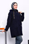 Navy Blue Hooded Boucle Coat with Pockets