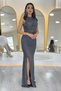 Women's Embroidered Halter Neck D Draped Y Slit Evening Dress Gold, Burgundy, Black, Navy Blue, Silver, - 5
