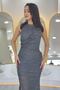 Women's Embroidered Halter Neck D Draped Y Slit Evening Dress Gold, Burgundy, Black, Navy Blue, Silver, - 6