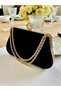 Black Suede Evening Bag: Crystal Evening Bag with Pearl and Chain Detail - 2