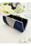 Navy Blue Crystal Silver Stone Satin Evening Dress Bag, Elegance with Metal Handle - 4