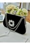 Black Suede Evening Bag: Crystal Evening Bag with Pearl and Chain Detail - 2
