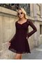 Women's Brown Long Sleeve Sweetheart Neckline Gathered Bust Lined A-Line Ruffled Lace Mini Dress - 5