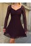 Women's Brown Long Sleeve Sweetheart Neckline Gathered Bust Lined A-Line Ruffled Lace Mini Dress