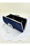 Navy Blue Crystal Silver Stone Satin Evening Dress Bag, Elegance with Metal Handle - 2