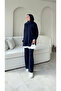 Women's Double Breasted Suit with Sleeves and Trousers - Navy Blue
