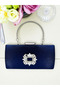 Navy Blue Crystal Silver Stone Satin Evening Dress Bag, Elegance with Metal Handle - 3