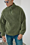 Premium Men's Mock Neck Half Zip Dark Green Plush Sweatshirt Ls-86081