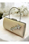 Ten Nude Crystal Silver Stone Satin Evening Dress Bag, Elegance with Metal Handle - 2