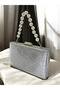 Silver Imported Snake Laser Glitter Patterned Pearl Detailed Evening Dress Bag - 2