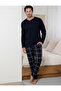 Men's Navy Blue Long Sleeve Transitional Plaid Pattern Cotton Pajamas Set - 4