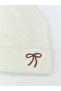 Beige bow embroidered girl's beanie - 2
